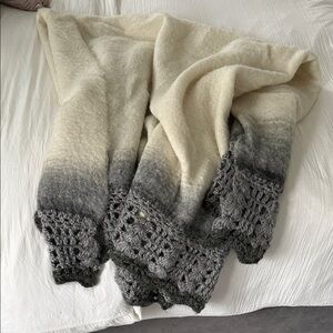 Anthropologie Cream to Gray Ombre Crochet-Trim Throw